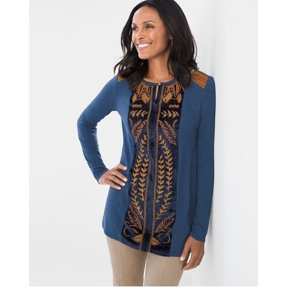 Chicos Zenergy Womens Size 1 (Medium) Blue Embroidered Pieced Velvet Tunic LS - Picture 1 of 7
